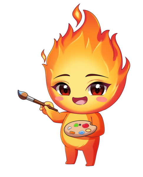 Buro, the 1BURO flame mascot, holding a paintbrush and palette